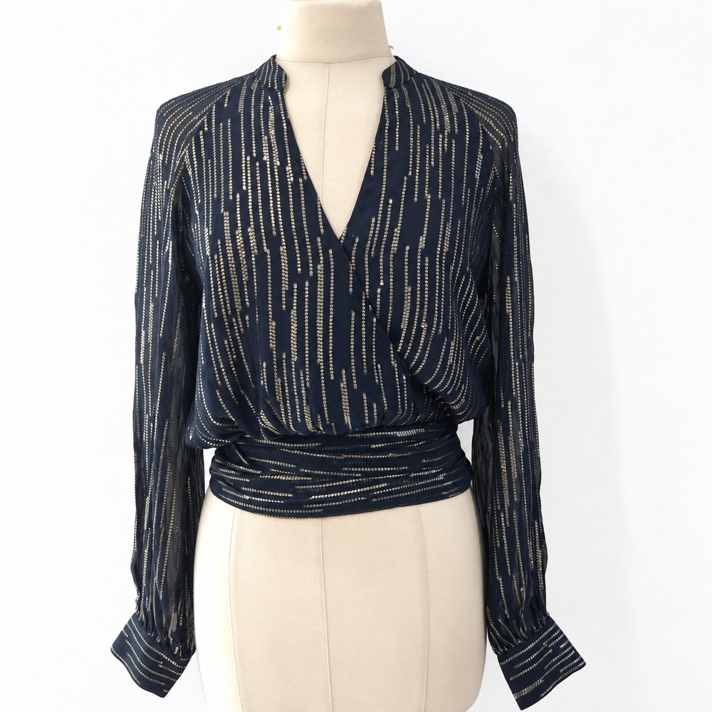 White House Black Market Sequin Wrap Blouse Women Size 6 black Gold Metallic